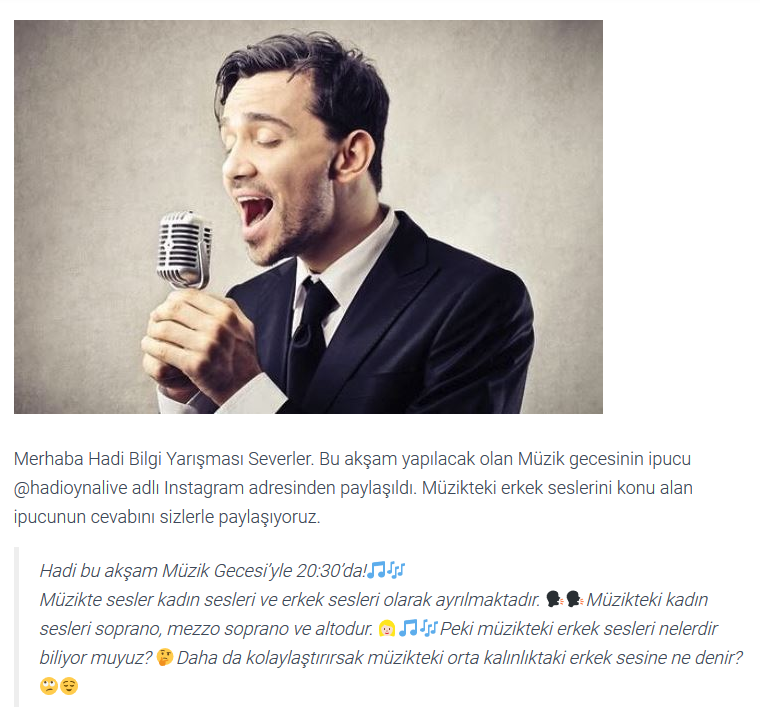 Müzikte orta kalınlıktaki erkek sesine ne denir? Hadi 20:30 ipucu sorusu