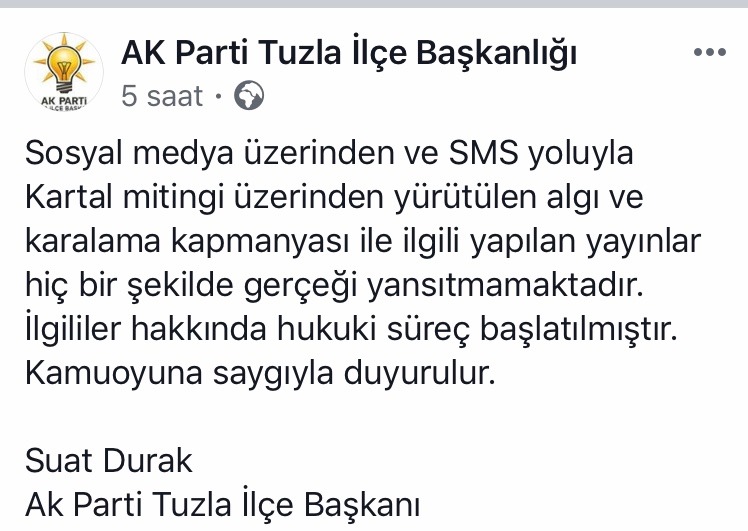 AK Parti Tuzla ilçe başkanlığından çirkin iftiralara suç duyurusu