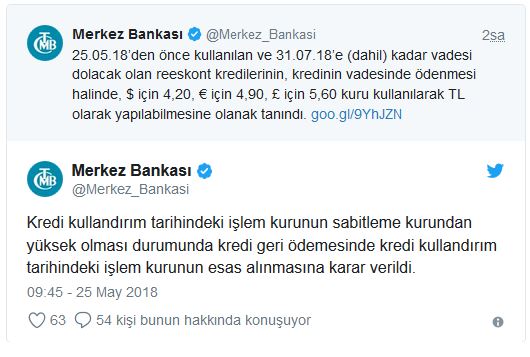 Merkez Bankası ihracat kredilerinde döviz kurunu sabitledi