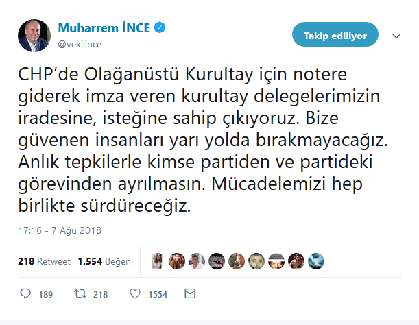 Muharrem İnce'den imza veren delegelere destek: " Kimse partiden ayrılmasın"