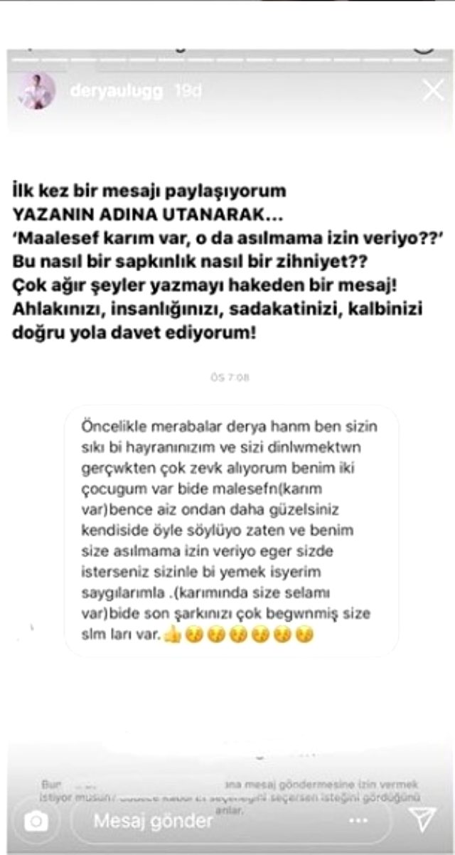 Şarkıcı Derya Uluğ kendisine gelen mesajı ifşa etti