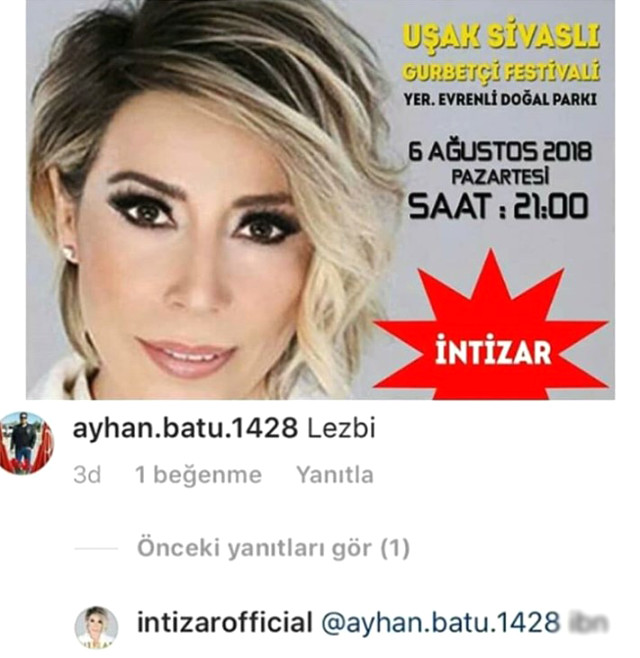 İntizar kendisine 'lezbiyen' diyen takipçisine küfür etti