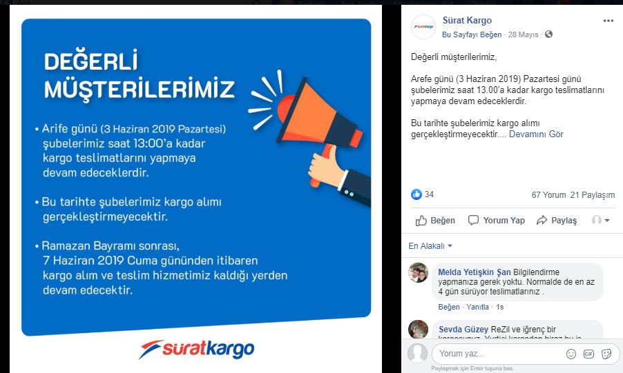 Sürat Kargo arefe günü açık mı?