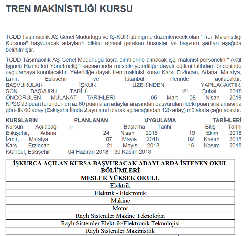 İŞKUR Tren Makinistliği Kursu Başvurusu | TCDD Makinist Alımı Yapacak