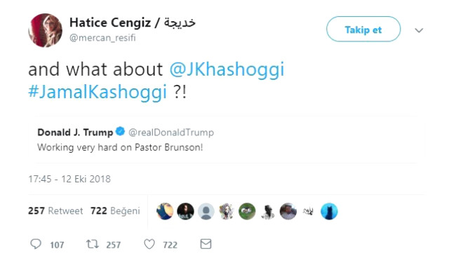 Trump'ın 'Brunson için sıkı çalıştık' sözlerine Cemal Kaşıkçı'nın eşinden tepki