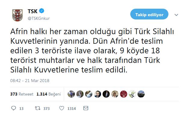 Muhtarlar ve Afrin Halkı 18 Teröristi TSK'ya Teslim Etti