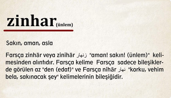 Zinhar ne demek? Kelime anlamı nedir? Zinhar kelimesinin kökeni nedir?