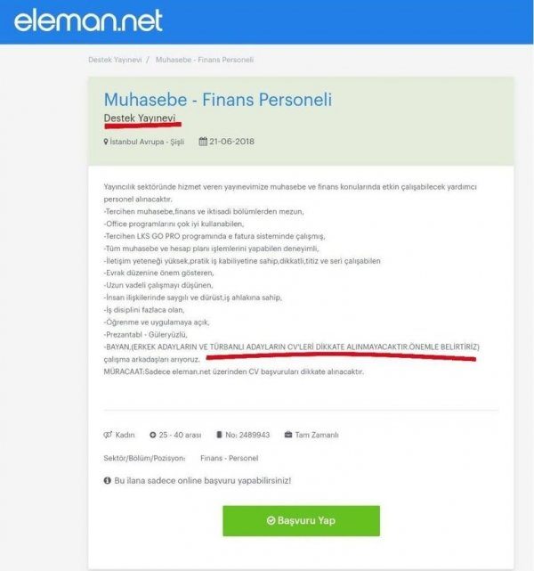 Destek Yayınevinden türbanlılar için skandal iş ilanı!