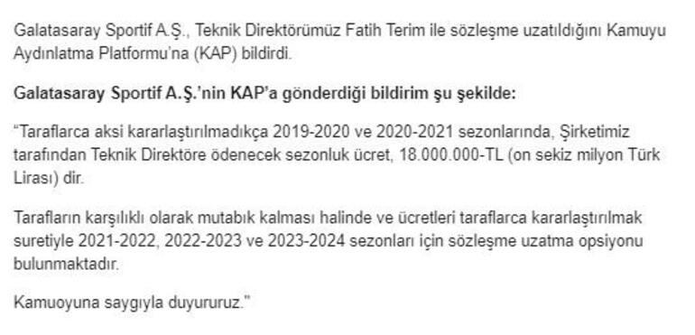Galatasaray Fatih Terim ile sözleşme uzatıldığını KAP'a bildirdi!
